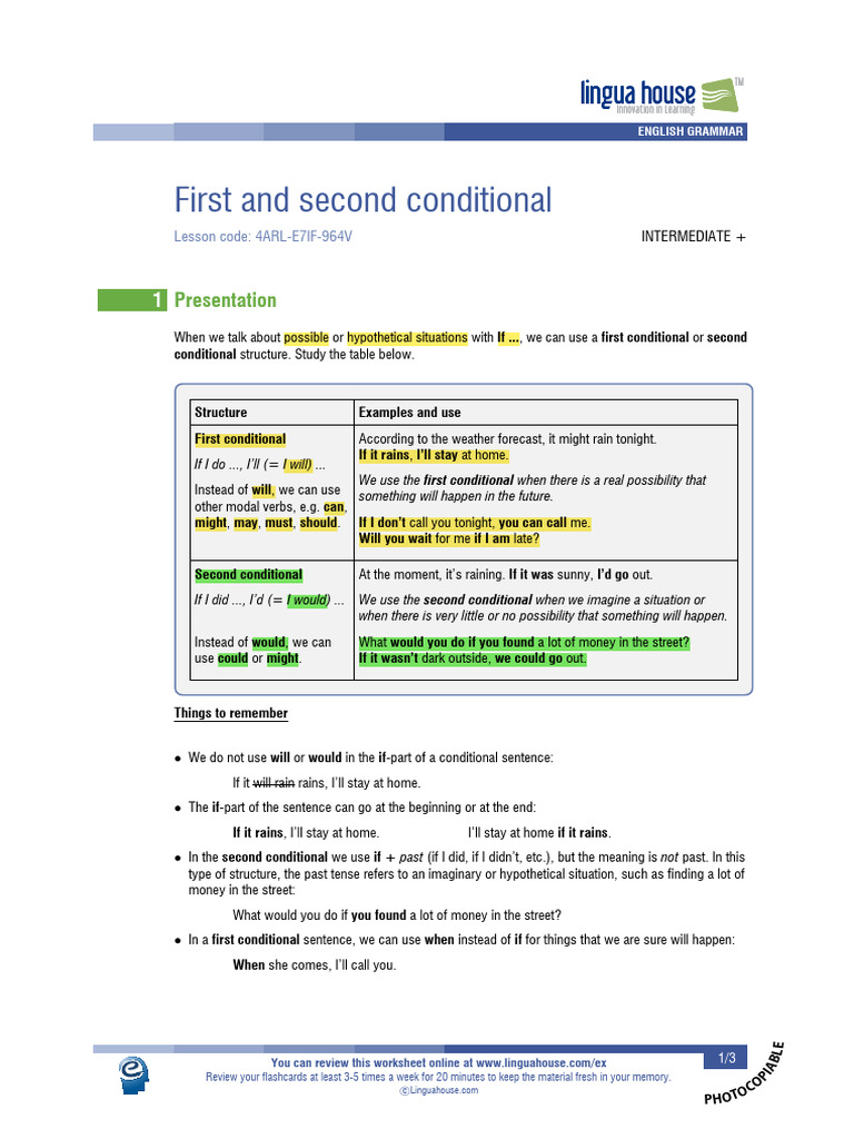 First and Second Conditional Guide | PDF | English Grammar | Languages