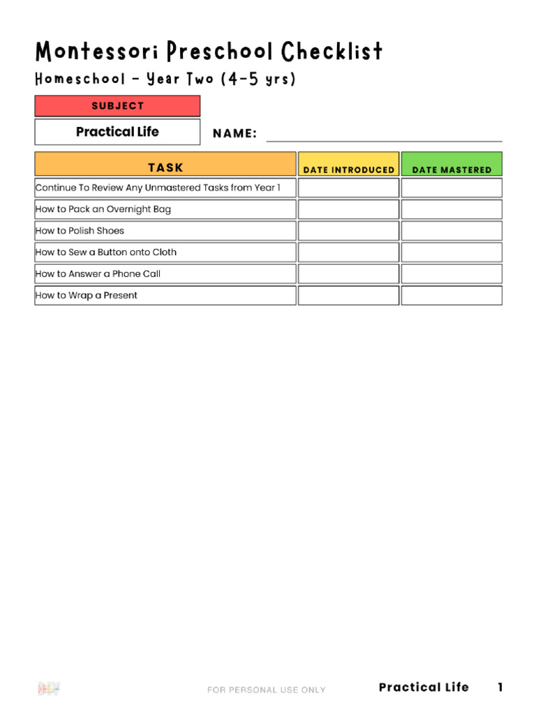 Year Two Homeschool Montessori Preschool Checklist | PDF