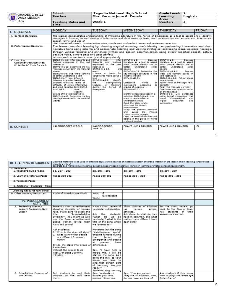 Grade 7 English DLL Third Quarter 1 | PDF | Teachers | Grammatical Tense