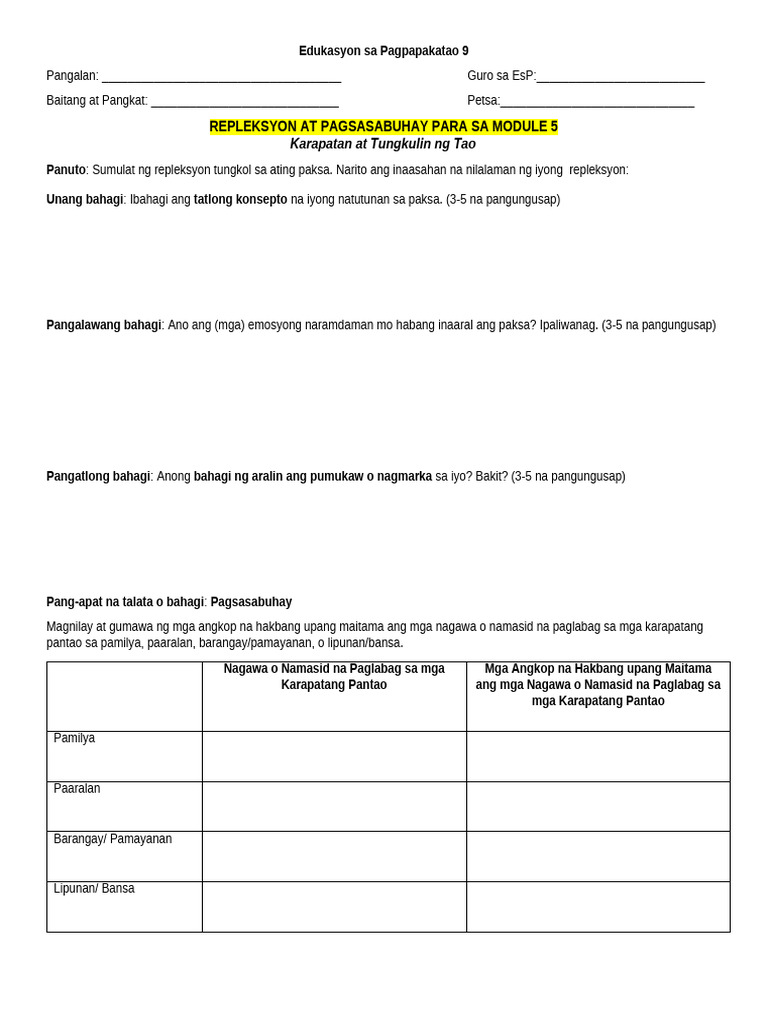 Template REPLEKSYON at PAGSASABUHAY M5 Karapatan at Tungkulin NG Tao | PDF