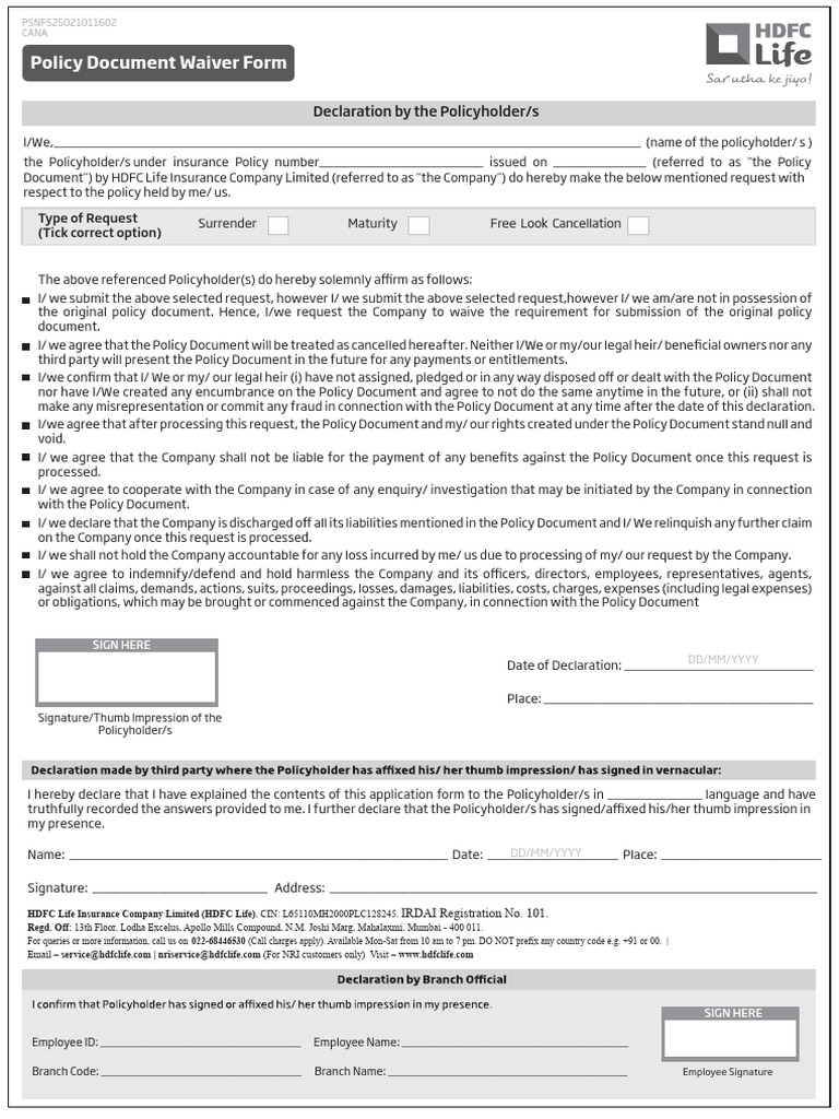 Policy Document Waiver Form | PDF | Insurance | Indemnity