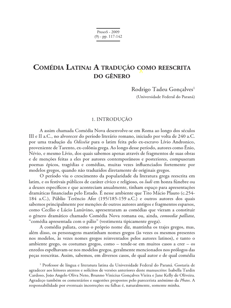 Comédia Latina Tradução Como Reescrita Do Gênero | PDF | Comédia | Roma ...