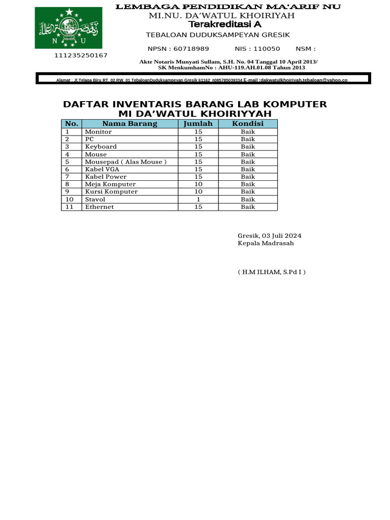 Perlengkapan Inventaris Lab Komputer Revissi Done | PDF