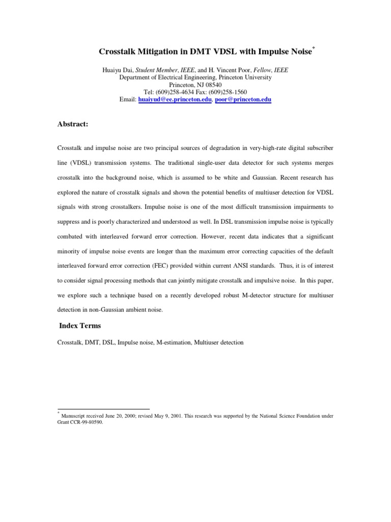 Crosstalk Mitigation in DMT VDSL With Impulse Noise: Abstract | PDF ...