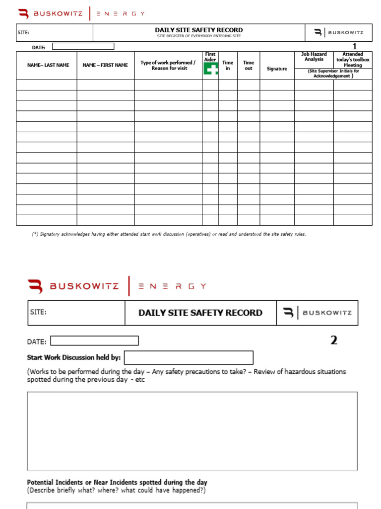 Daily Site Safety Record Template | PDF