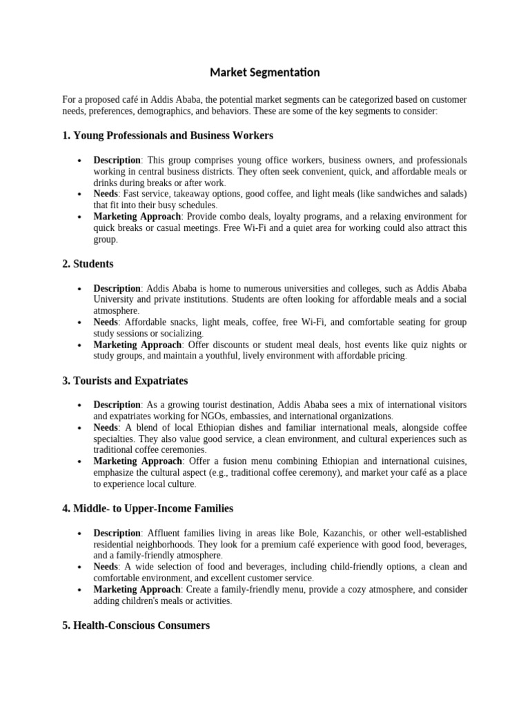 Market Segmentation for Addis Café | PDF | Meal | Coffeehouse