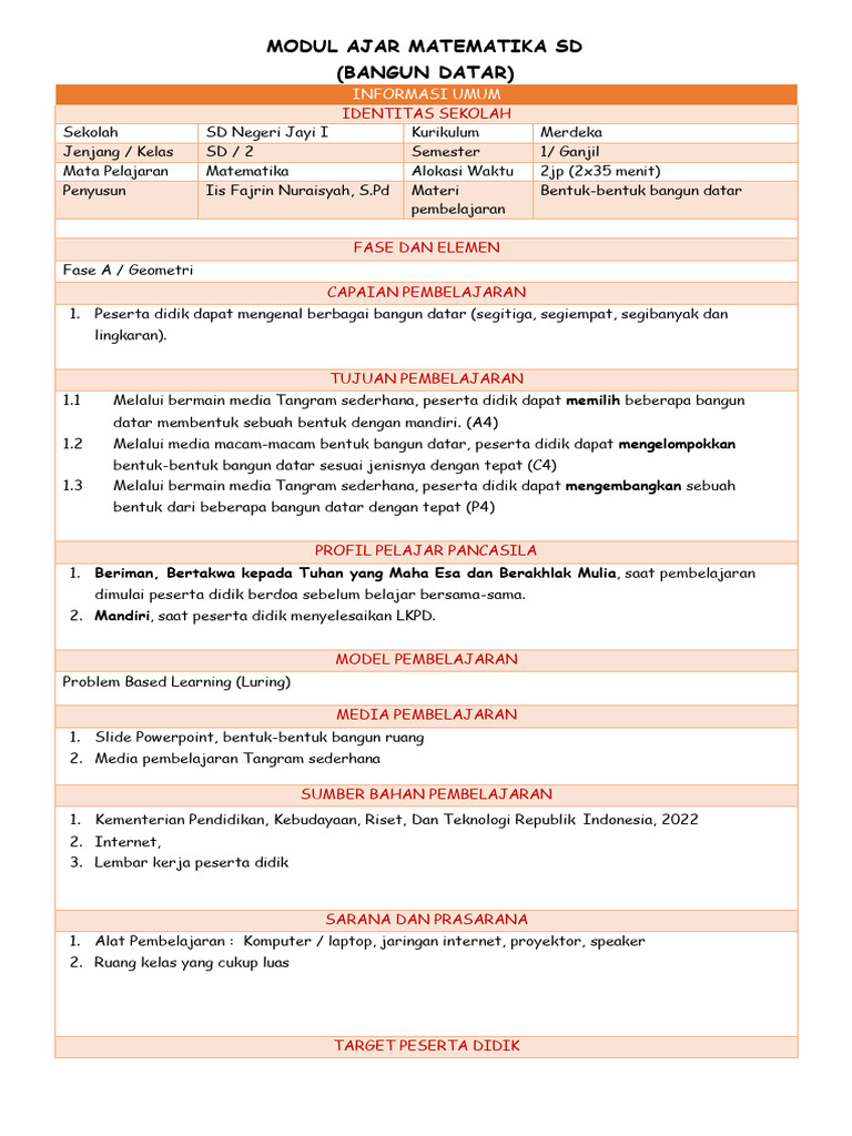 Modul Ajar Bangun Datar Kelas 2 SD | PDF
