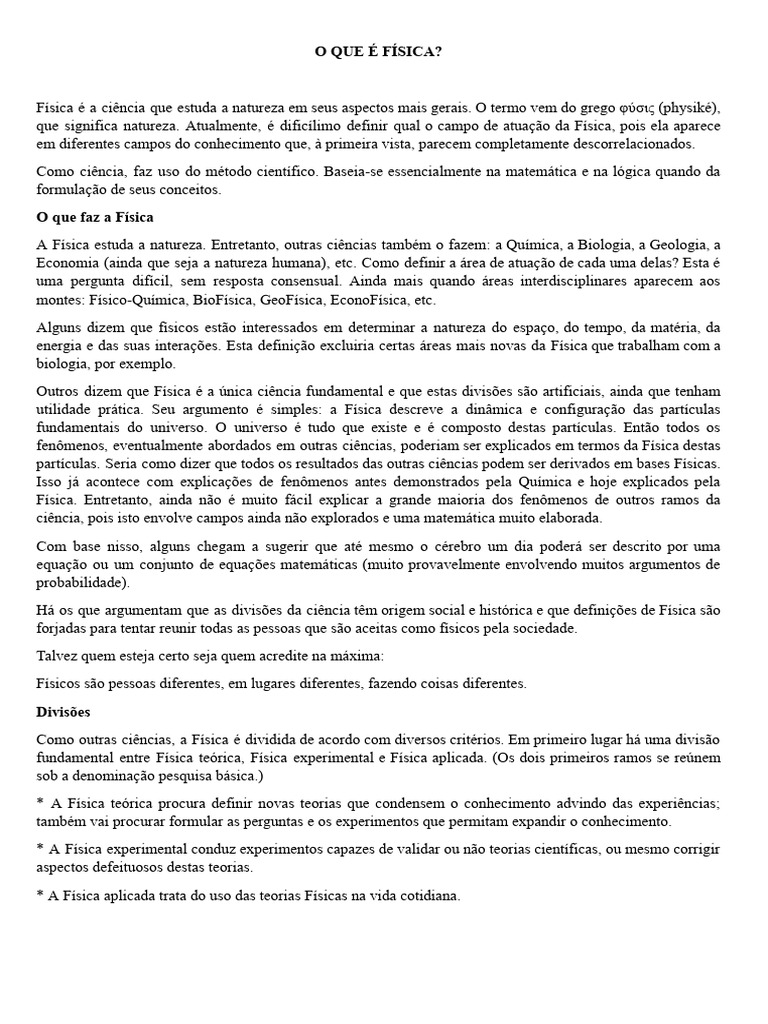 Introdução à Física: Conceitos e Divisões | PDF | Física | Science
