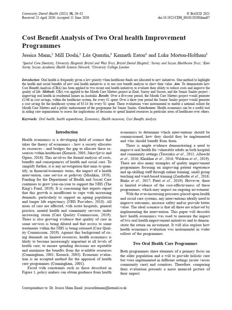 Cost-Benefit Analysis of Oral Health Programs | PDF | Cost–Benefit ...