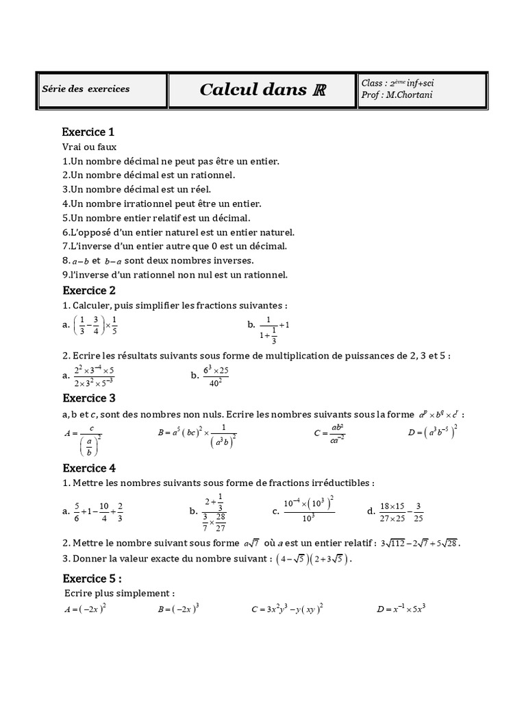 Série D'exercices (Corrigé) - Math - Calcul Dans R - 2ème Info + Sci ...
