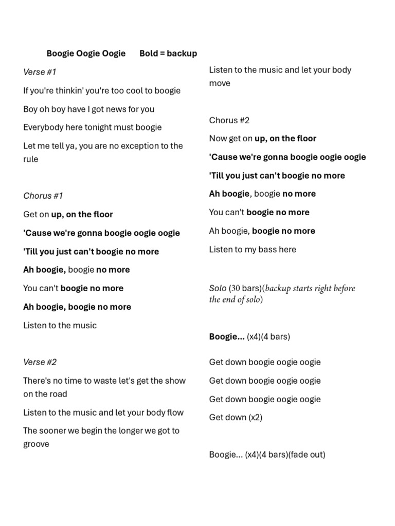 Boogie oogie oogie lyrics pdf