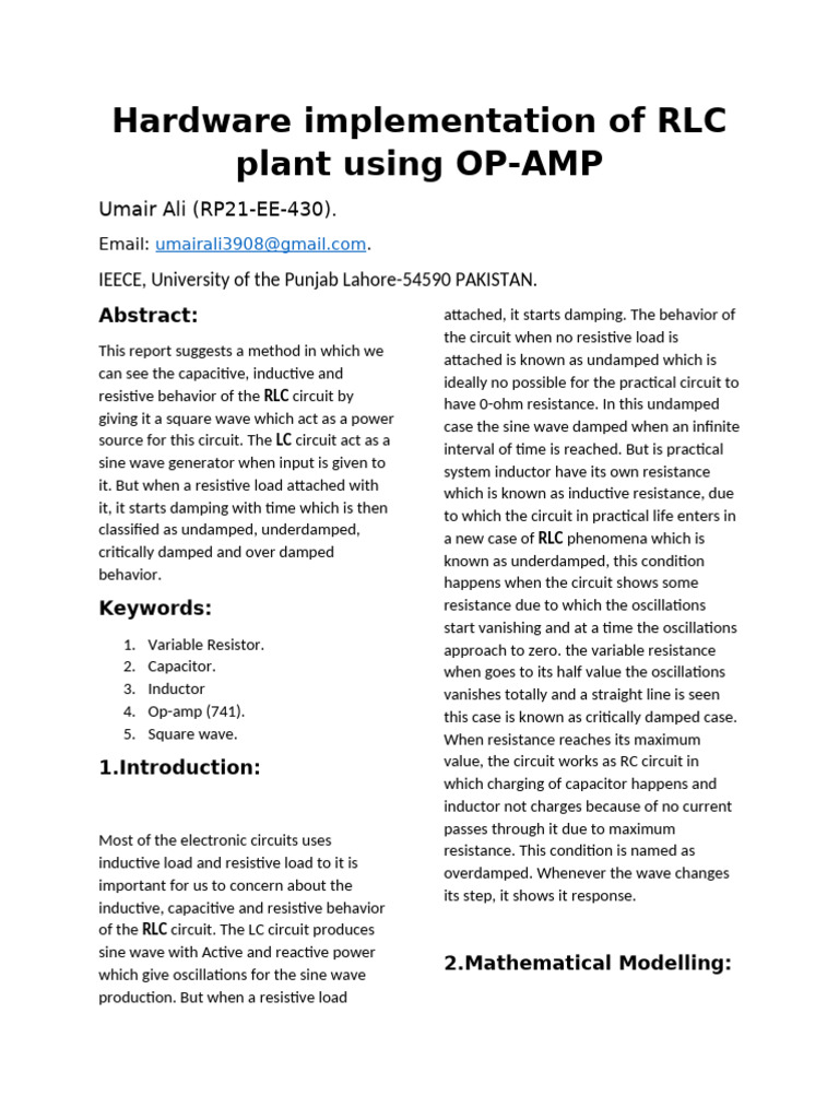 Hardware Implementation of RLC Plant Using OP-AMP: Umair Ali (RP21-EE ...