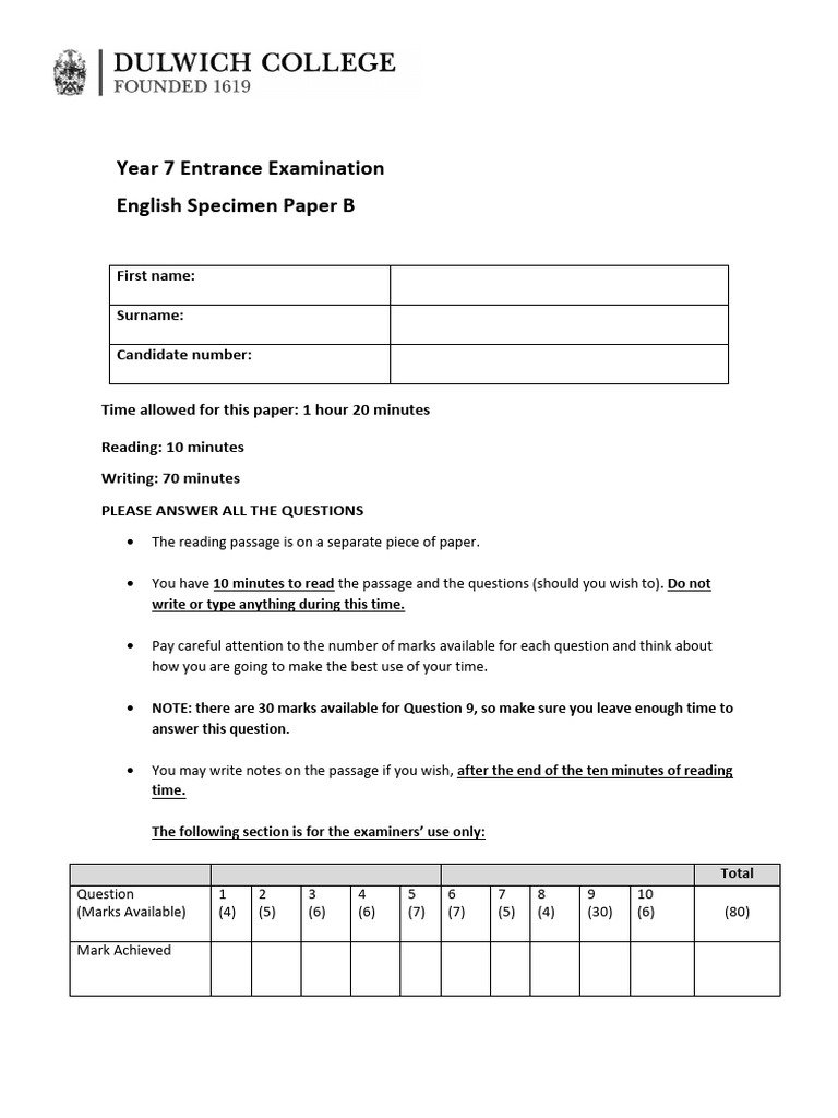 Dulwich College 11 Plus English Specimen Paper B 2023 PDF Metaphor