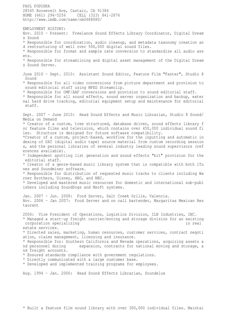 Sound Effects Librarian or Digital Asset Manager or Assistant So PDF