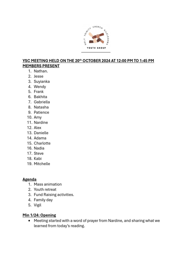YSC Meeting Minutes: Oct 20, 2024 | PDF | Christian Worship And Liturgy