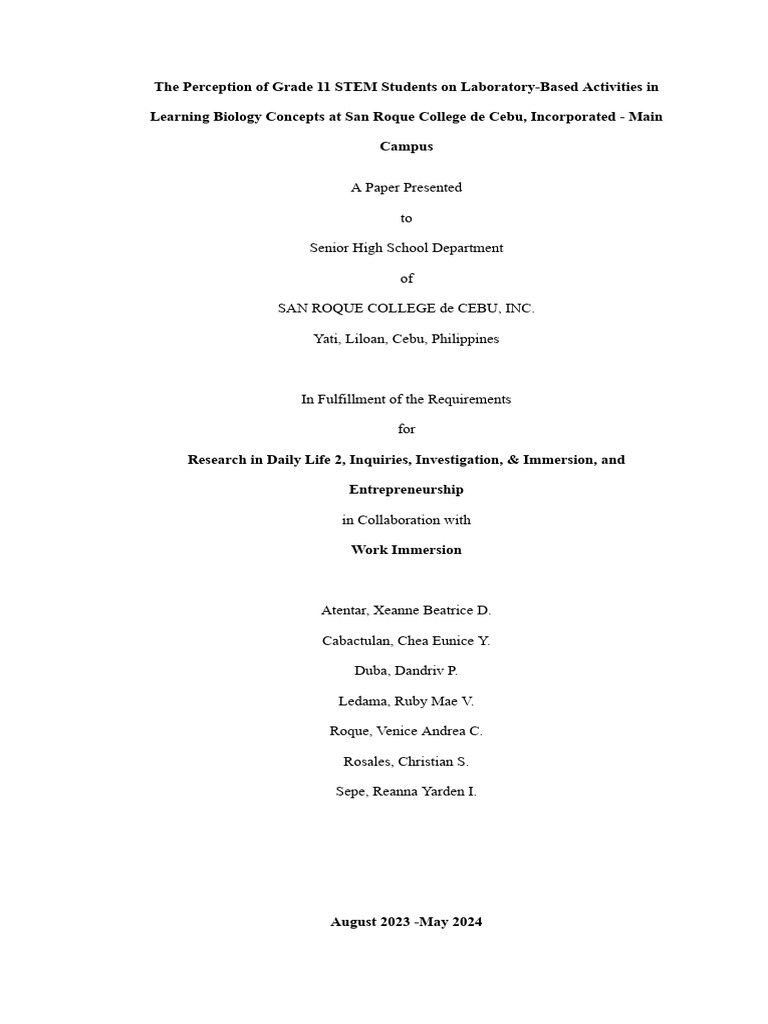 Grade 11 STEM Students' Lab Activity Perceptions | PDF | Survey ...