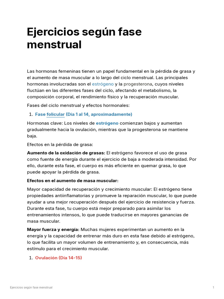 Ejercicios Segn Fase Menstrual | PDF | Ciclo menstrual | Progesterona