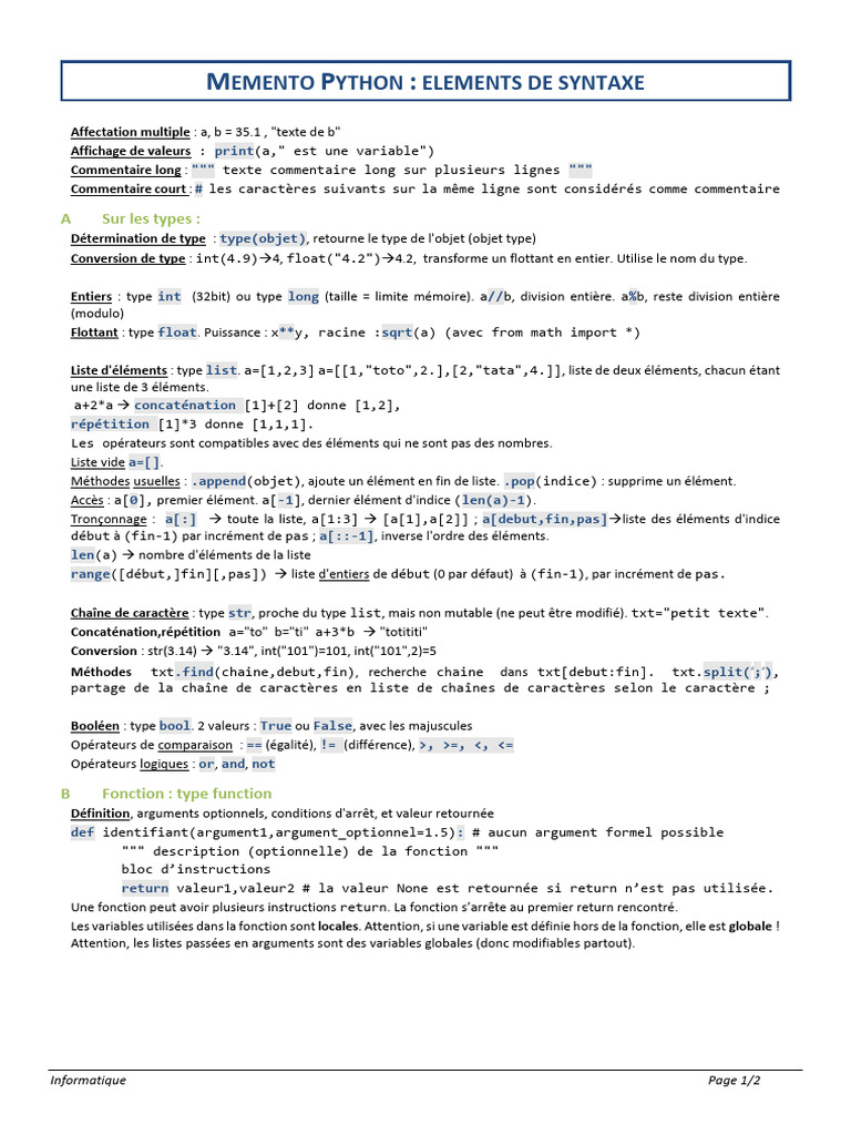 Memento Python : Syntaxe et Structures | PDF | Logique mathématique ...