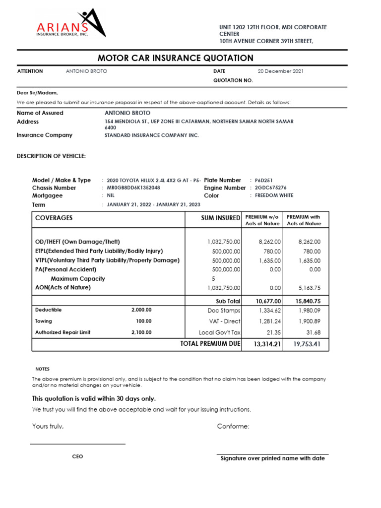 Motor Insurance Quotation for Antonio Broto | PDF | Insurance | Vehicle ...