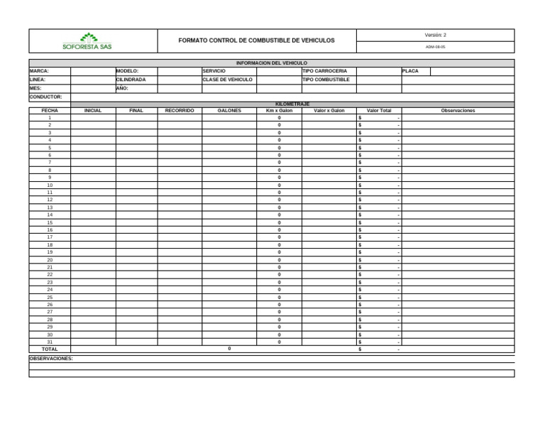 ADM-08-05 Formato Control De Combustible Vehiculos V2 | PDF | Vehículos ...