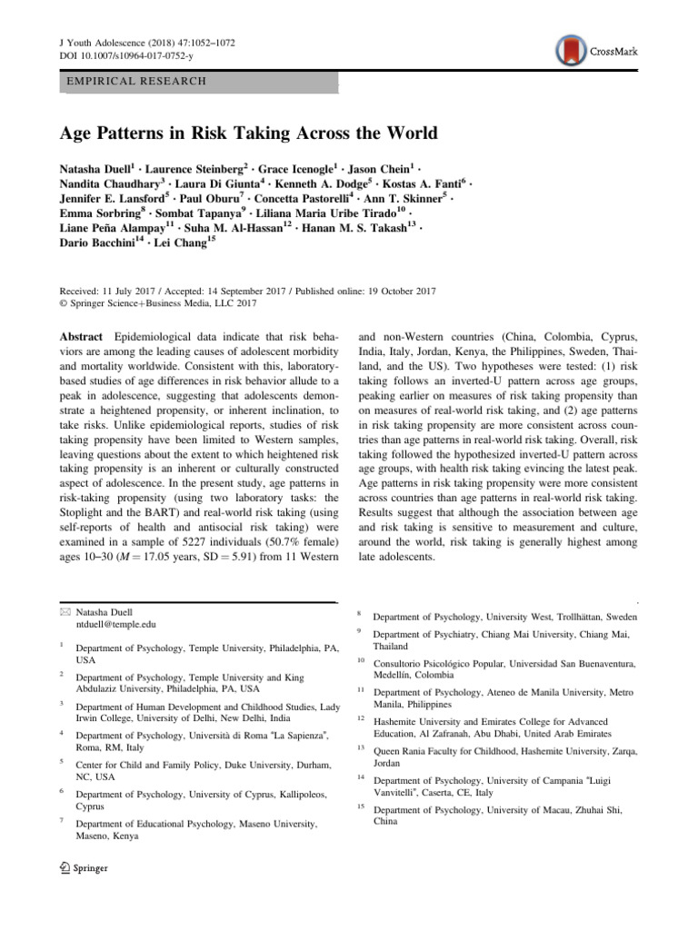 Age Patterns in Risk Taking Across The World | PDF | Adolescence | Youth