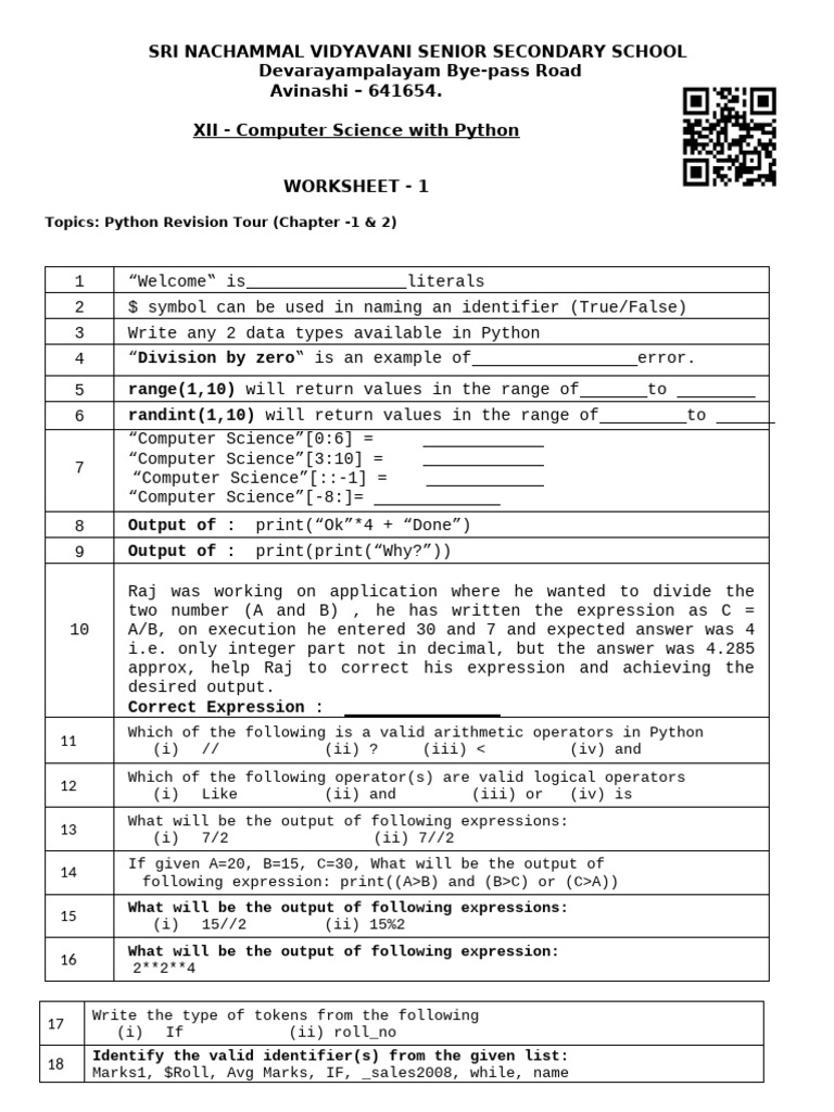 Xii CS W1 - Python Revision Tour 1 - 2 | PDF | Python (Programming ...