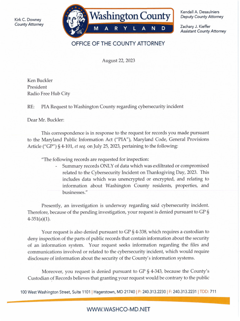 WashCo - Cyber Incident Denial PIA Response Letter 20230822 | PDF