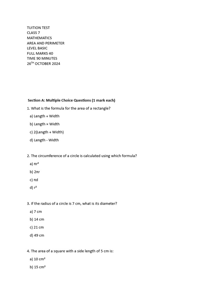 Grade 7 Area and Perimeter Test | PDF | Area | Length