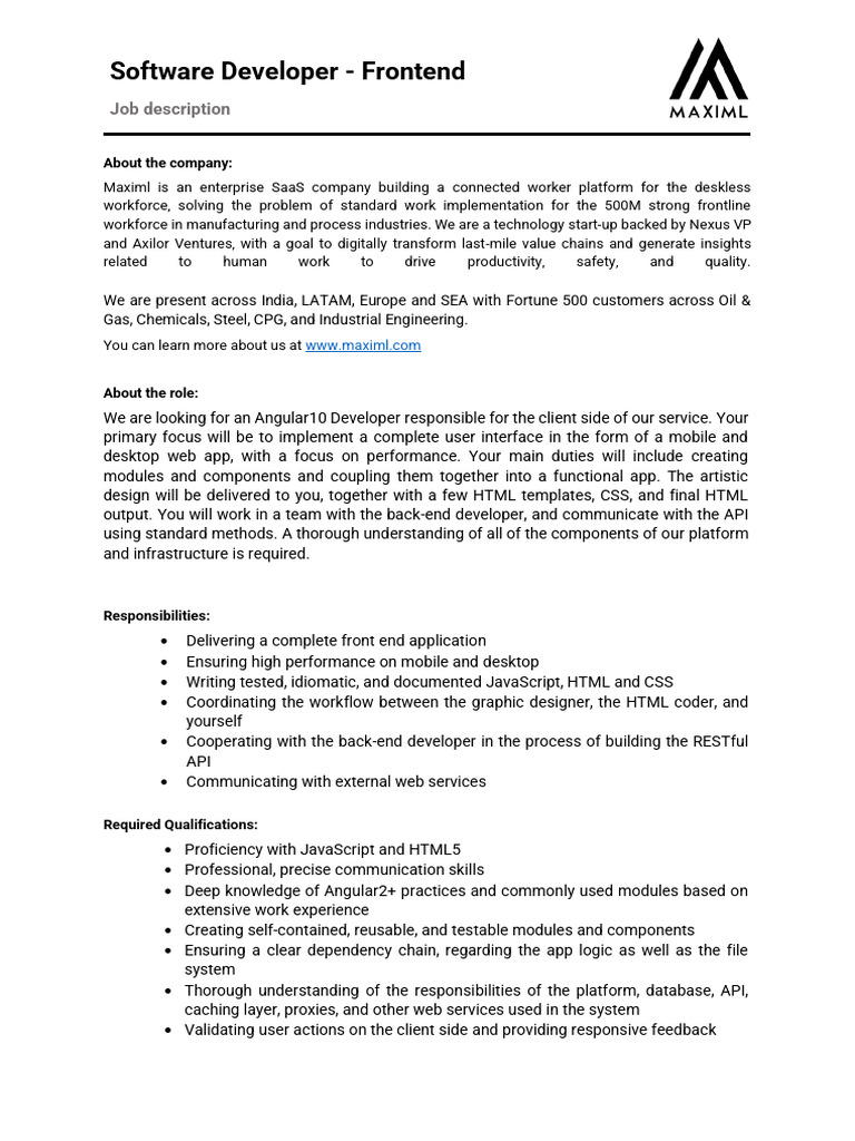 Maximl - Software Developer - Frontend (Internship) | PDF | Application ...