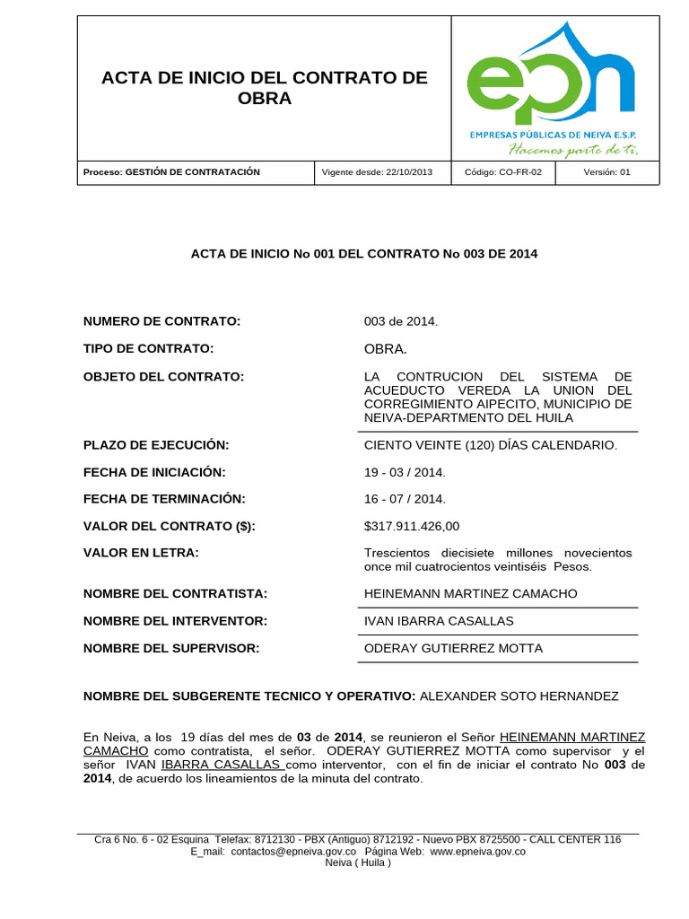 Acta de Inicio Contrato Acueducto Neiva | PDF | Informática