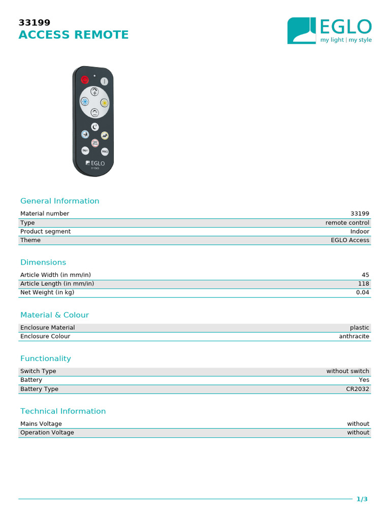 EGLO Access Remote Control 33199 | PDF