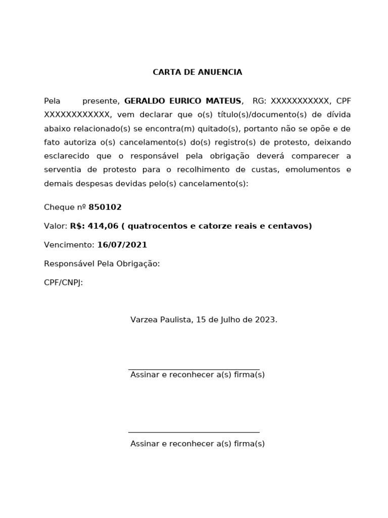 Modelo de Carta de Anuência de Cheque | PDF