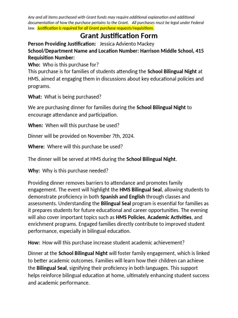 Grant Justification for Bilingual Night Dinner | PDF | Multilingualism ...