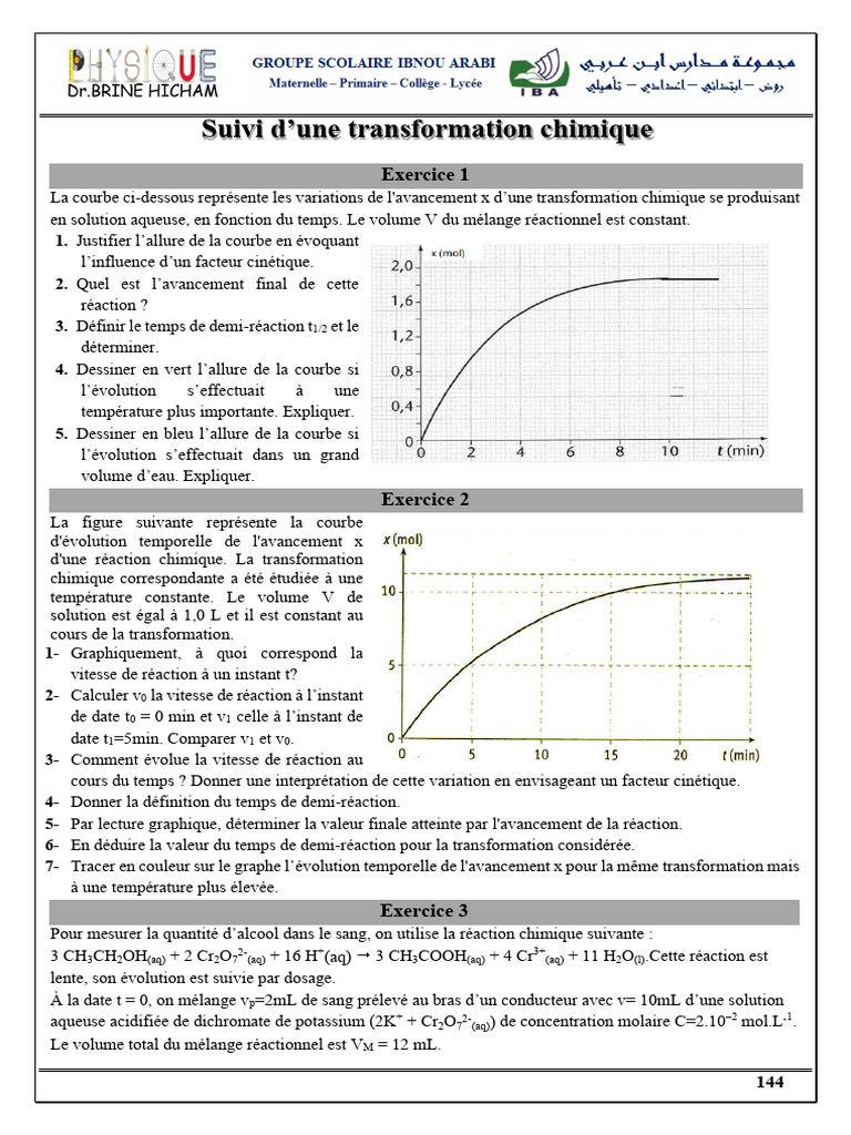 Suivi temporel d'une transformation chimique | PDF | Cinétique chimique ...