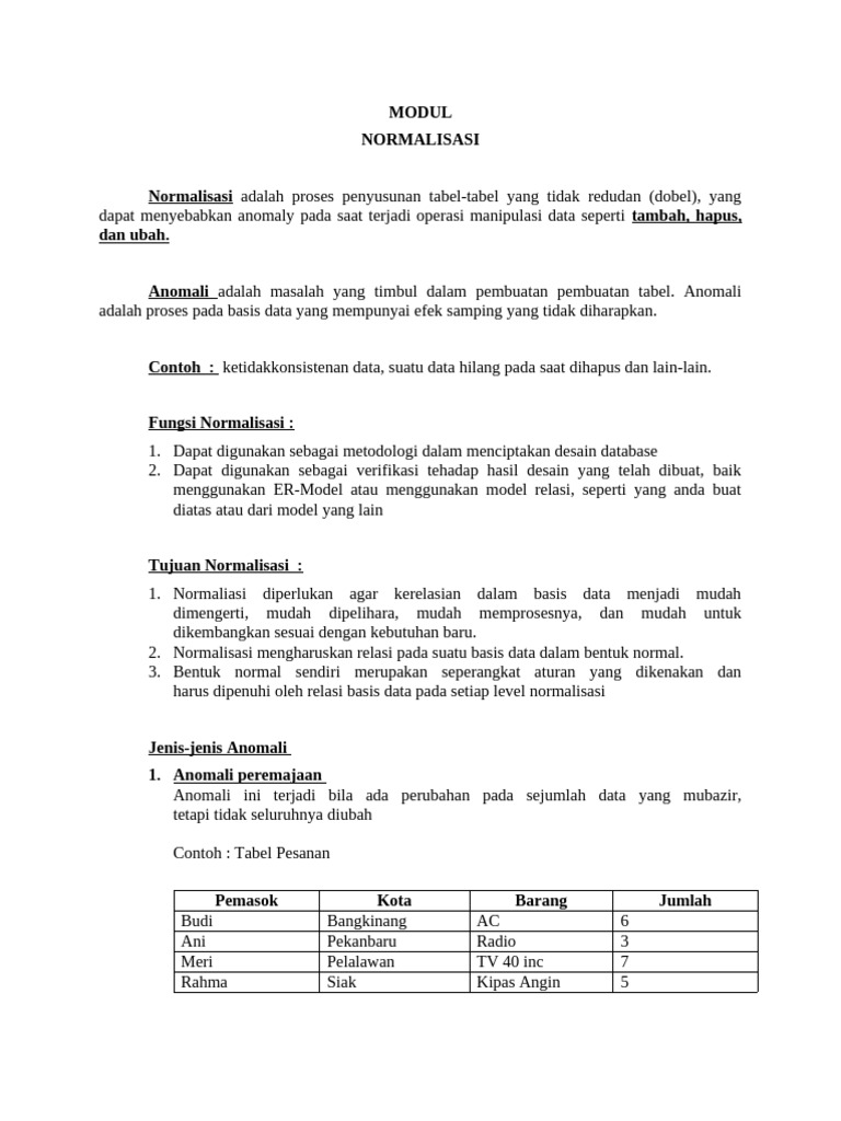 Proses dan Tujuan Normalisasi Database | PDF