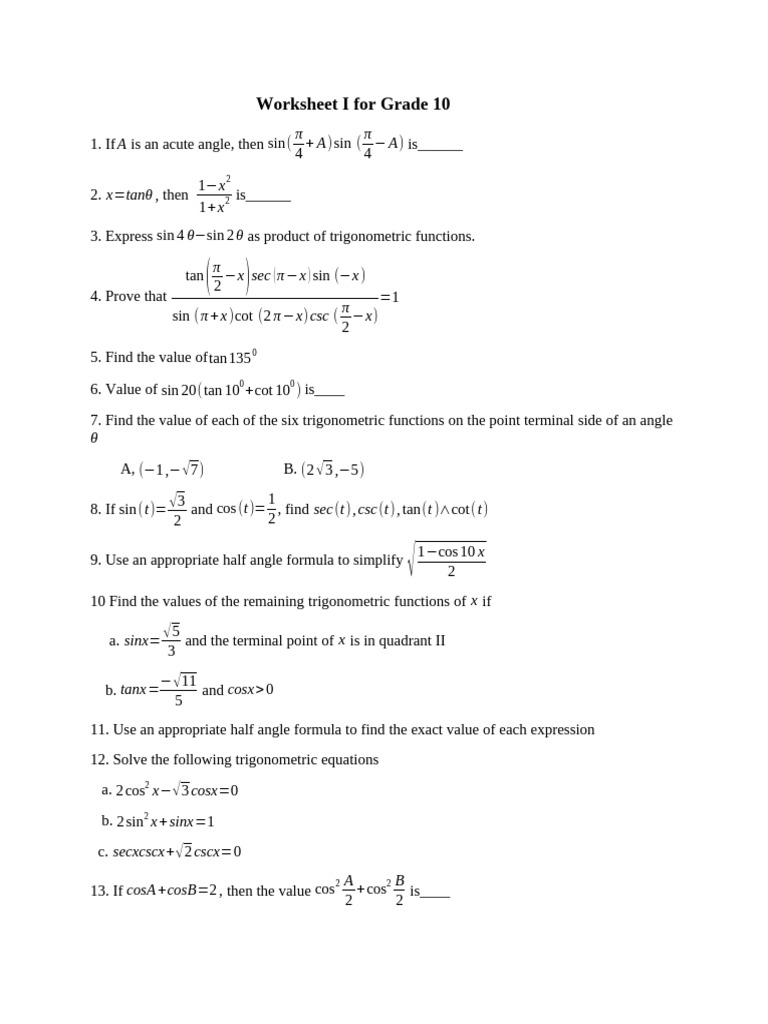 10th Grade Math Worksheet: Trigonometry | PDF