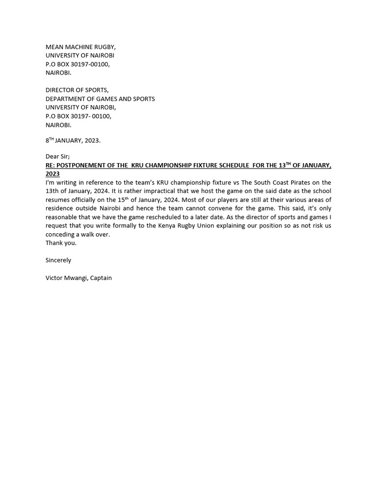 Postponement of The 13th Fixture | PDF