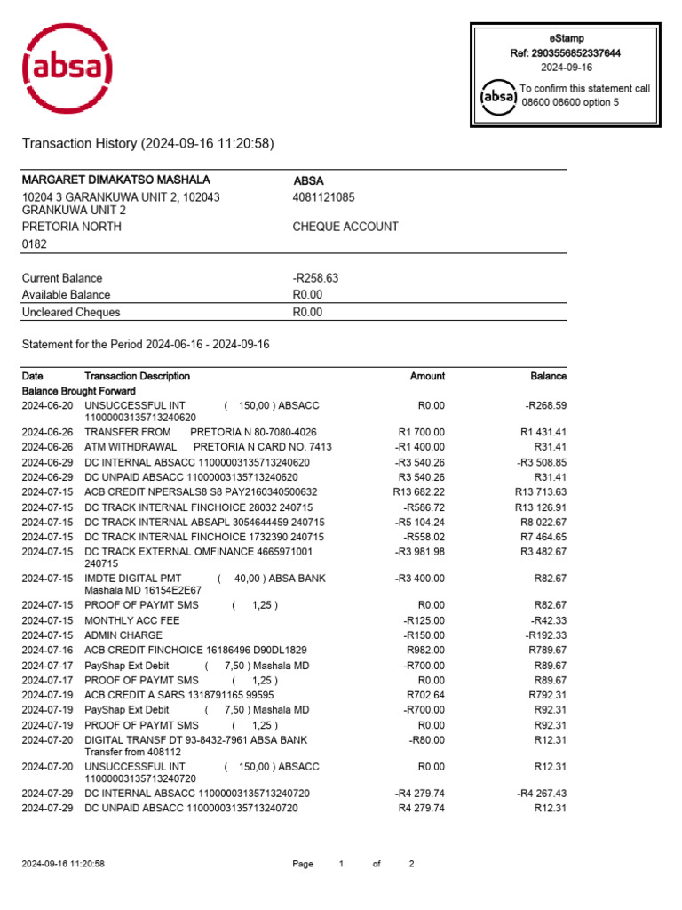 ABSA Account Statement Summary | PDF | Transaction Account | Corporations