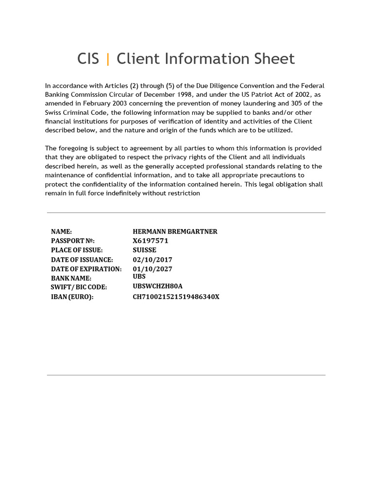 UBS Client Information Sheet | PDF