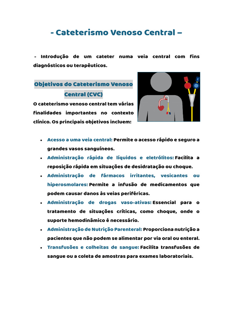 Cateterismo Venoso Central: Objetivos e Tipos | PDF | Veia | Coração