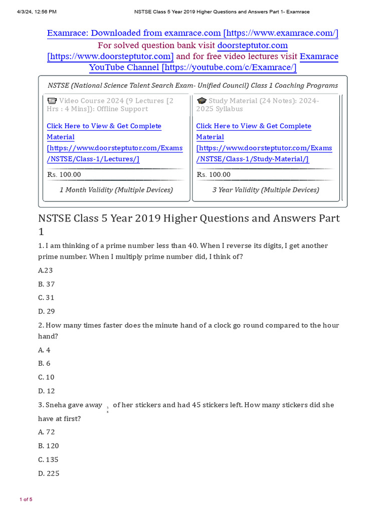 NSTSE Class 5 Year 2019 Part 1 | PDF | Ratio