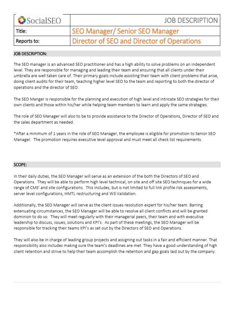 SEO Manager Job Description | PDF | Search Engine Optimization | Computing