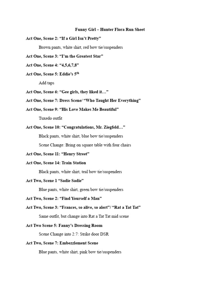 Funny Girl Run Sheet Breakdown | PDF