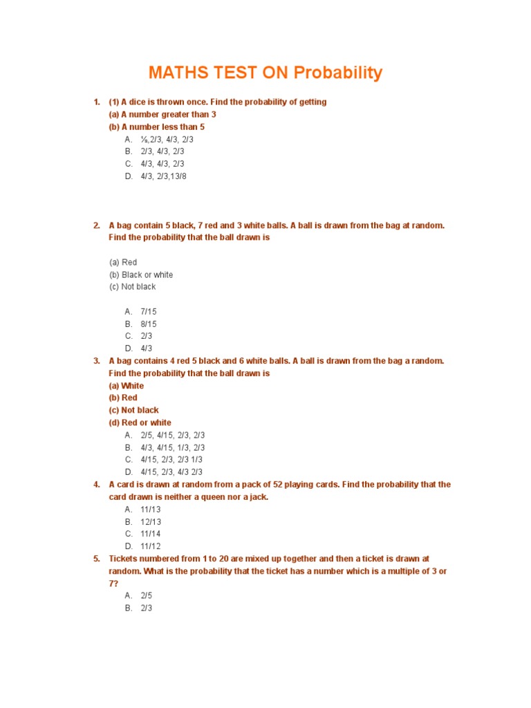 Maths Test On Probability | PDF | Odds | Probability