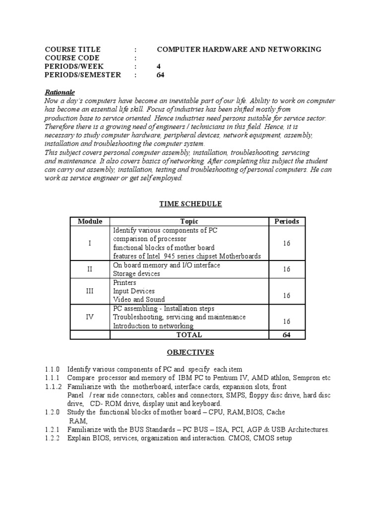 Rationale Course Title Computer Hardware and Networking Course Code