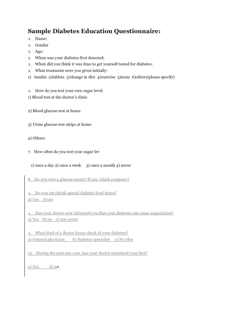 Sample Diabetes Education Questionnaire Diabetes Endocrinology