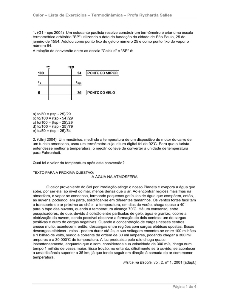 Exercícios sobre Calor e Termodinâmica | PDF | Temperatura | Relâmpago