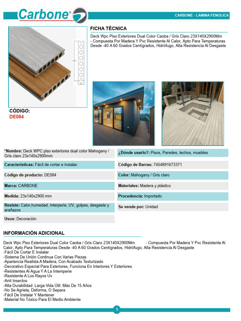 Deck WPC Dual Color Caoba/Gris 23x140mm | PDF