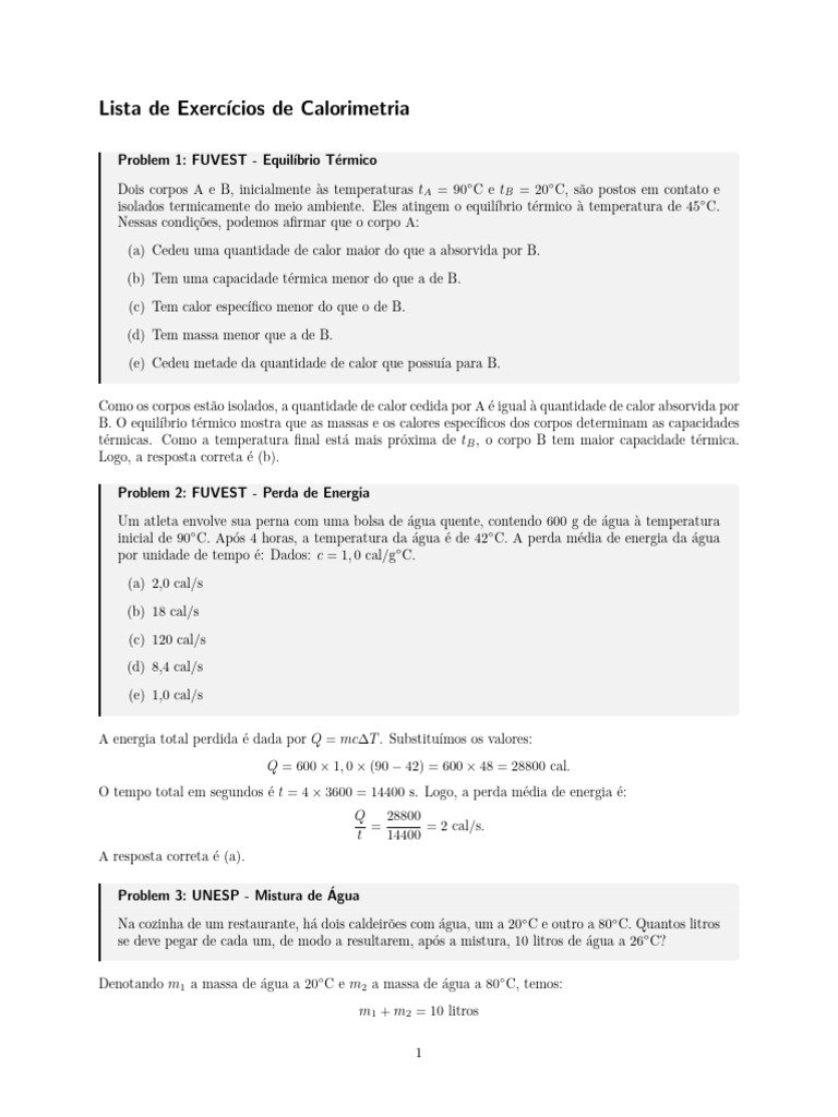 Exercícios de Calorimetria FUVEST e UNESP | PDF | Calor | Calorimetria