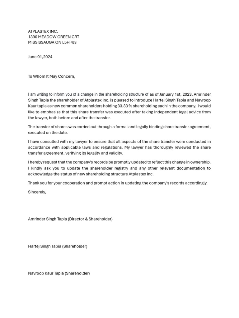 Atplastex Inc Shareholding Update Pdf